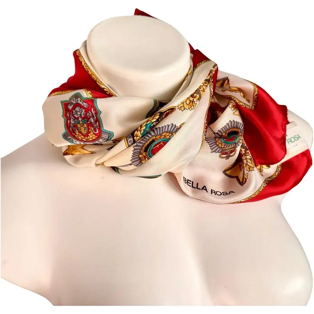 Vintage Bella Rosa Silk Scarf NWT Heraldic Medallion Crest Print 1980s Red 31x31